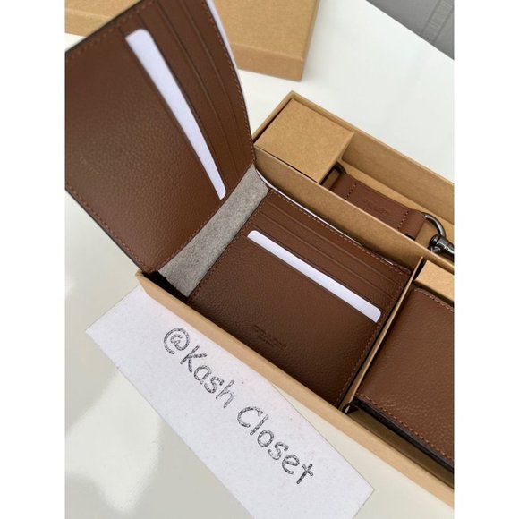 Coach Boxed 3 in 1 Men's Wallet With Trigger Snap Key Fob - Dark Saddle - Picture 6 of 9